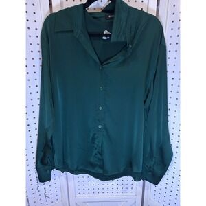 Atnlewhi Emerald Green Satin Button Down Long Sleeve Collared Shirt XL
